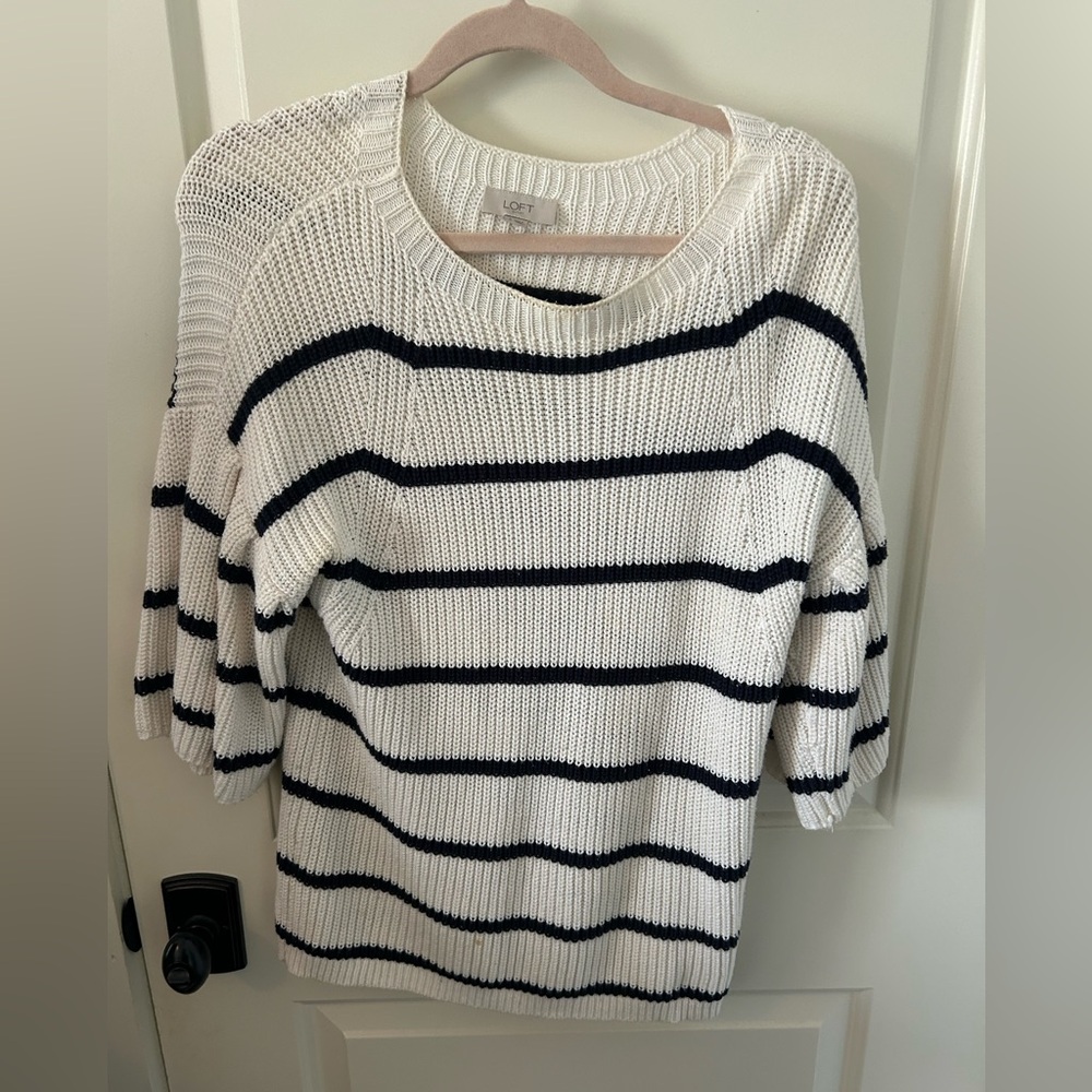 LOFT White Sweater with Navy Stripes